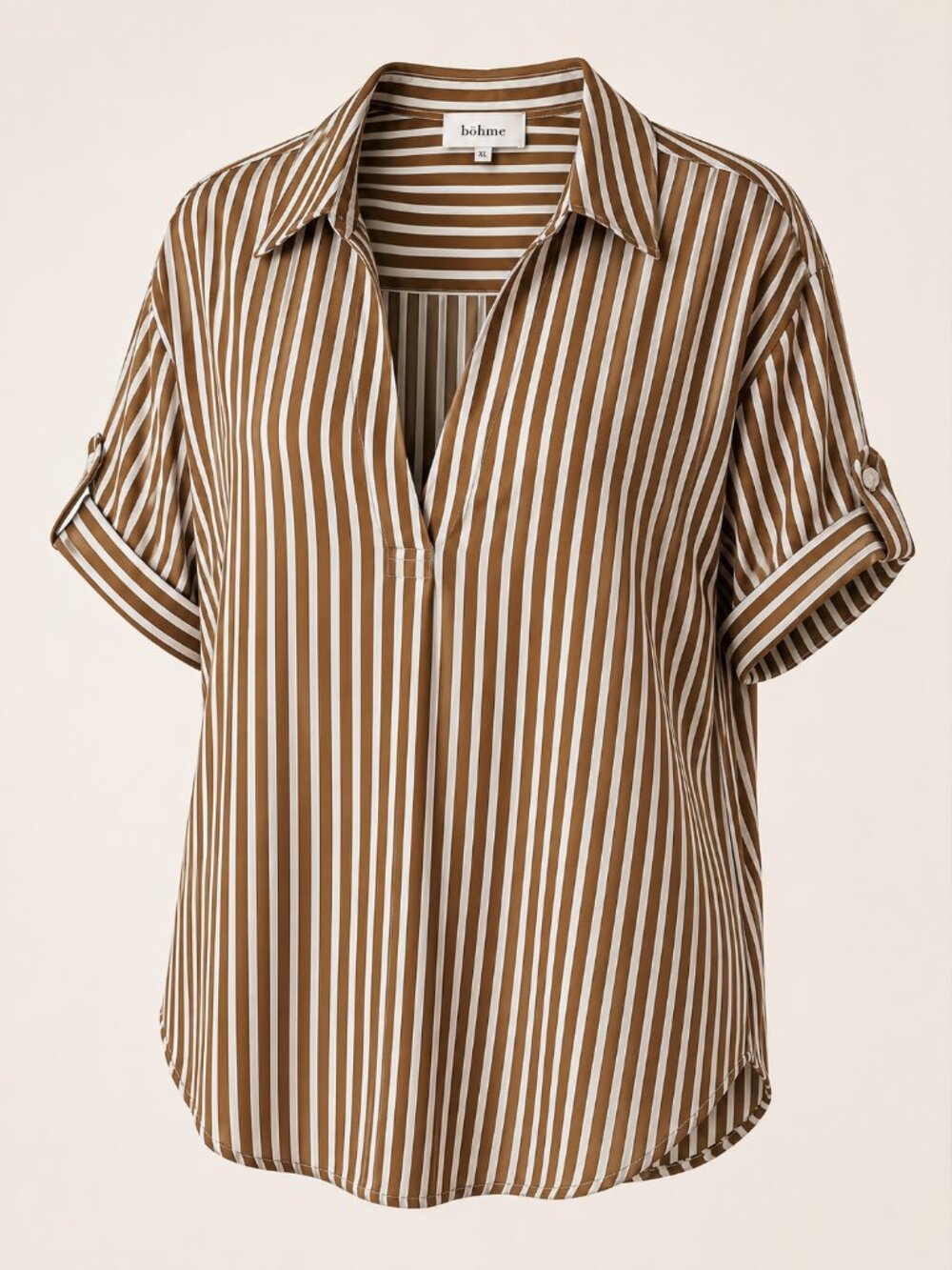 Böhme Brown White Striped Blouse XL Collared V-Neck Short Sleeve Lightweight Top